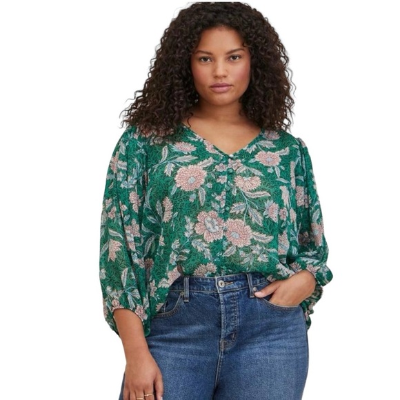 Torrid Women’s Chiffon Lurex Floral Print Plus Size 3X Button-Up Green - Picture 2 of 12